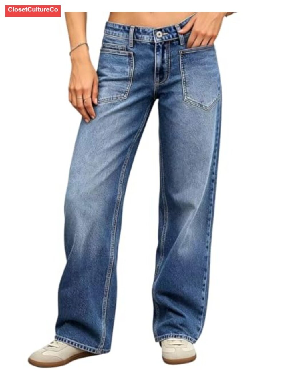 Mid Rise Baggy Straight Leg Jeans Cotton Blend Stretch Casual